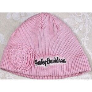 Harley Davidson Baby Girl Beanie Hat Pink Croche Roset Embroidered Flannel Lined